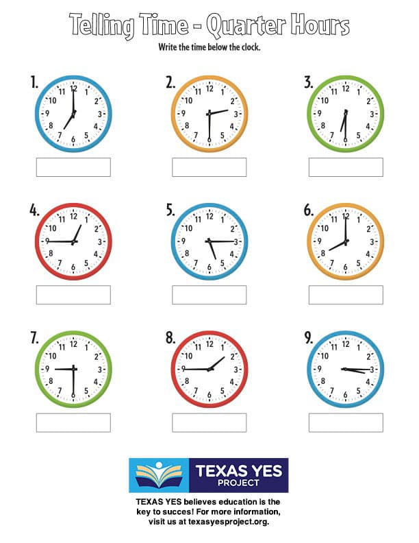 Telling Time Worksheets TEXAS YES Project
